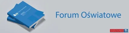 Biblioteka | Uniwersytet Dolnośląski DSW we Wrocławiu: Na grafice widoczna jest okładka czasopisma „Forum Oświatowe” w kolorze niebieskim, ułożona w stosie z innymi egzemplarzami. Po prawej stronie znajduje się tytuł „Forum Oświatowe” zapisany niebieską czcionką na szarym tle. W prawym dolnym rogu umieszczono logo i nazwę „Wydawnictwo Naukowe Dolnośląskiej Szkoły Wyższej”.