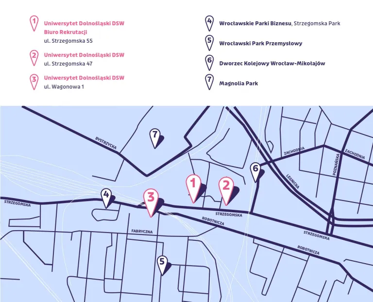 Poznaj nas | Uniwersytet Dolnośląski DSW we Wrocławiu: Mapa przedstawiająca lokalizację kampusu UD DSW.