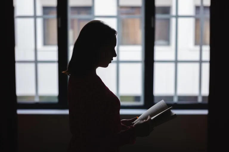 Negocjacje i mediacje w biznesie | Studia I stopnia we Wrocławiu | Uniwersytet Dolnośląski DSW we Wrocławiu: Sylwetka kobiety z książką na tle dużych okien. Wnętrze jest zacienione, postać widoczna w półmroku.