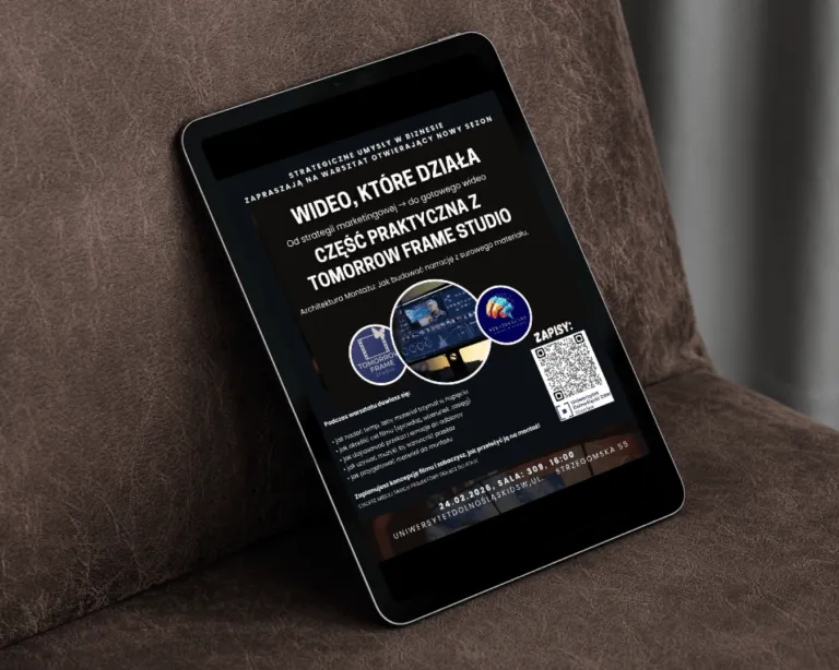Strategiczne Umysły w Biznesie zapraszają na warsztat | Marketing + Wideo = skuteczny przekaz | Aktualności | Uniwersytet Dolnośląski DSW we Wrocławiu: tablet z grafiką: Marketing + Wideo = skuteczny przekaz